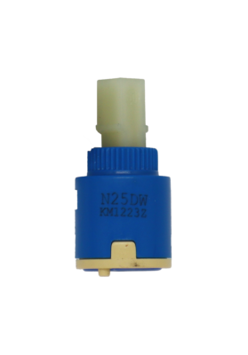 Blue cartridge with clear plastic handle broach with a tan bottom and blue gasket.