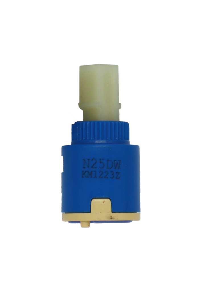 Blue cartridge with clear plastic handle broach with a tan bottom and blue gasket.