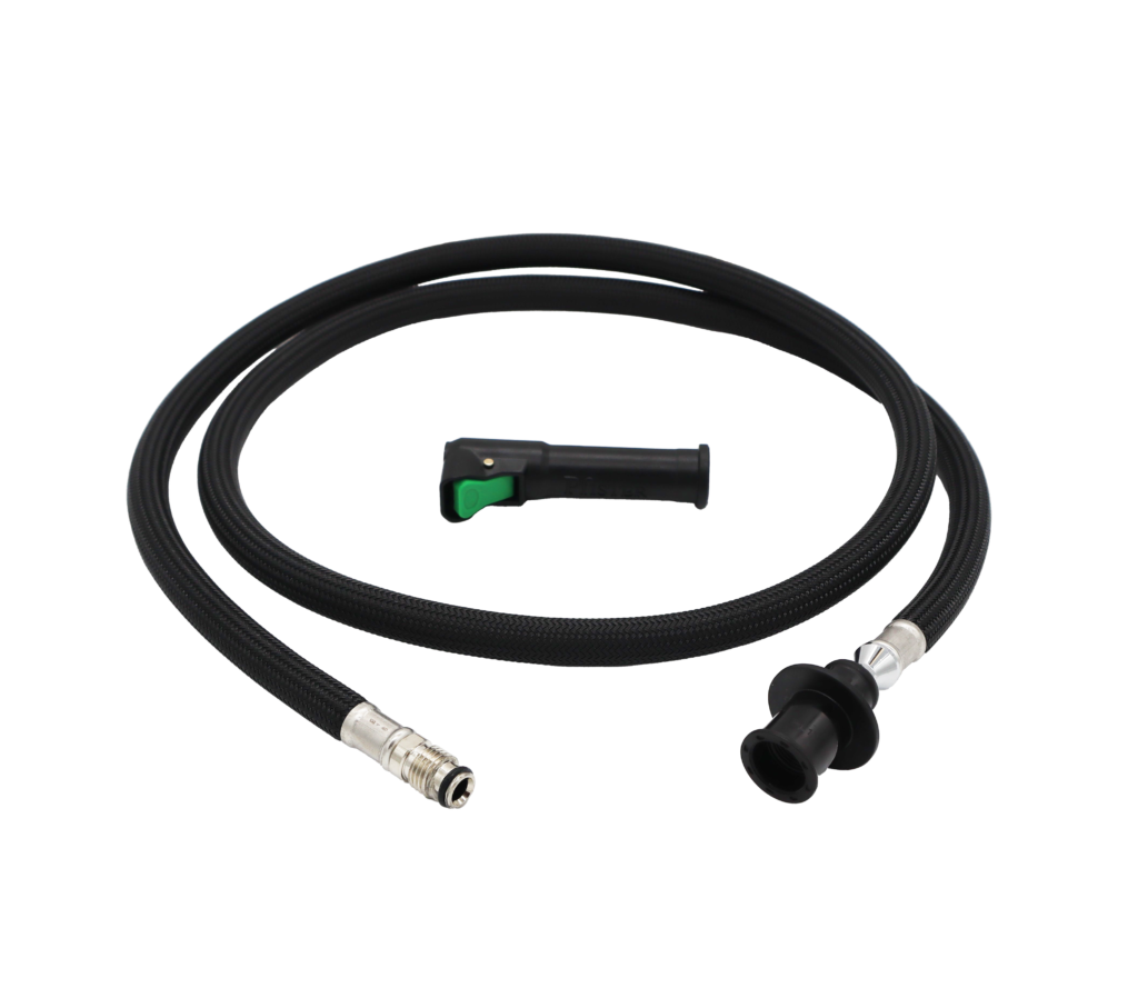 Black braided hose with threaded plastic spray head connection polished chrome treaded faucet connection and black plastic quick connect with green release tab.