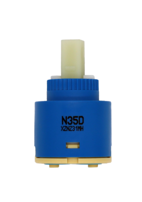Bright blue and tan plastic cartridge with white square handle connection and light blue rubber seals.