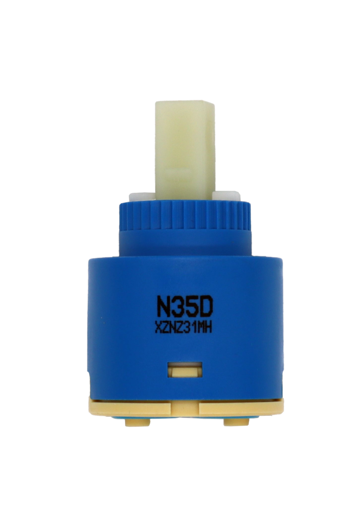 Bright blue and tan plastic cartridge with white square handle connection and light blue rubber seals.