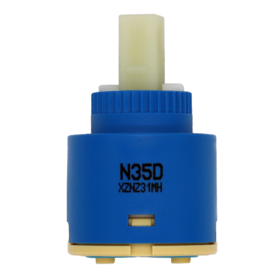 Bright blue and tan plastic cartridge with white square handle connection and light blue rubber seals.