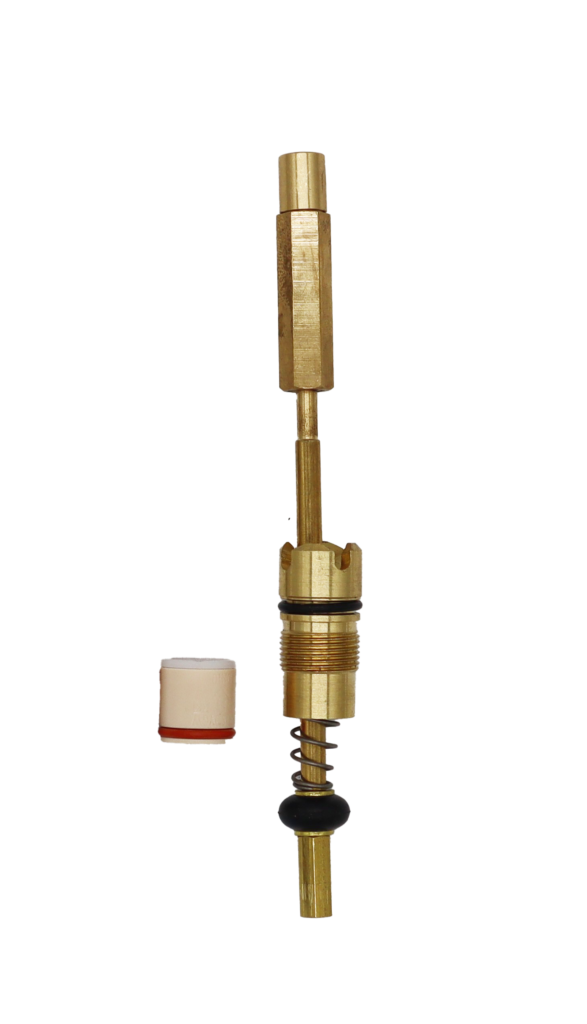 Bright brass diverter with white plastic seat black rubber seals and stainless spring.