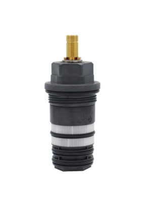 Black plastic thermo cartridge body with stainless screens brass stem and black rubber o-rings.