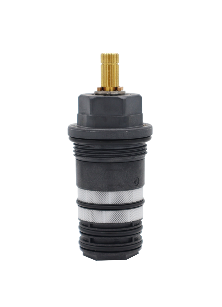 Black plastic thermo cartridge body with stainless screens brass stem and black rubber o-rings.
