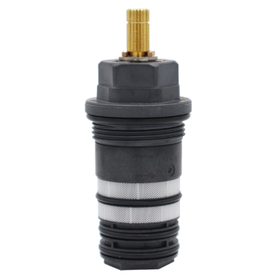 Black plastic thermo cartridge body with stainless screens brass stem and black rubber o-rings.