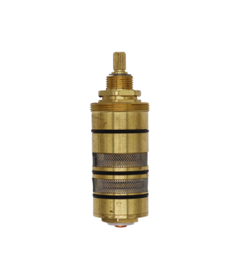 Bright brass thermostatic cartridge with black o-rings stainless mesh and copper thermostat.