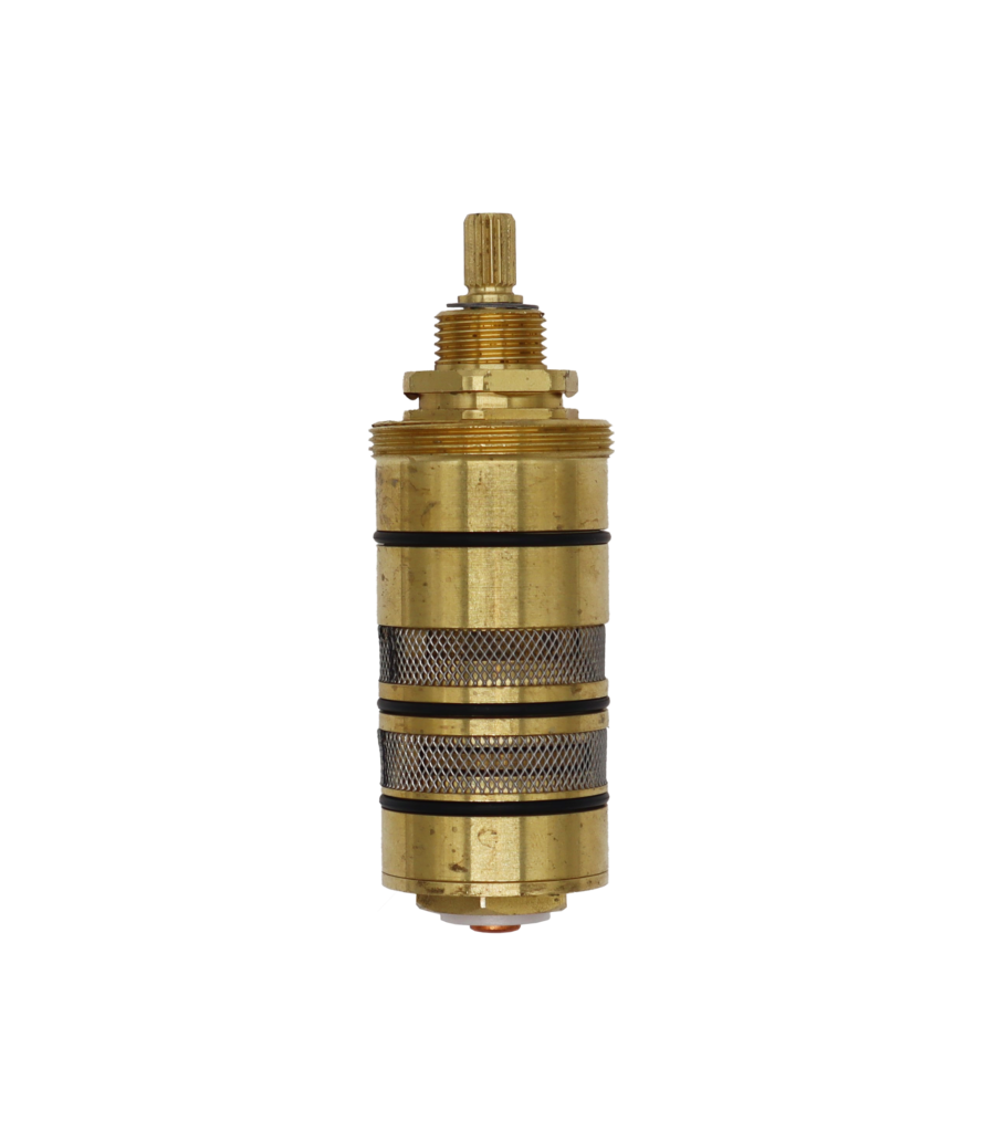 Bright brass thermostatic cartridge with black o-rings stainless mesh and copper thermostat.