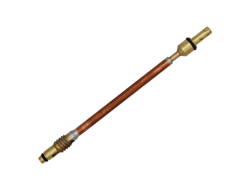 Copper stem with bright brass ends with black rubber o-rings and black rubber washer.