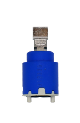 Bright blue plastic cartridge with polished chrome handle connection grey bottom and black seals.