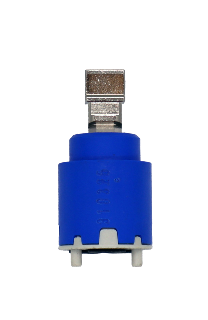 Bright blue plastic cartridge with polished chrome handle connection grey bottom and black seals.