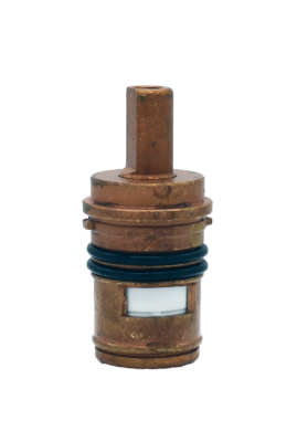 Dark brass cartridge with 2 black rubber o-rings white ceramic discs and bottom seal.