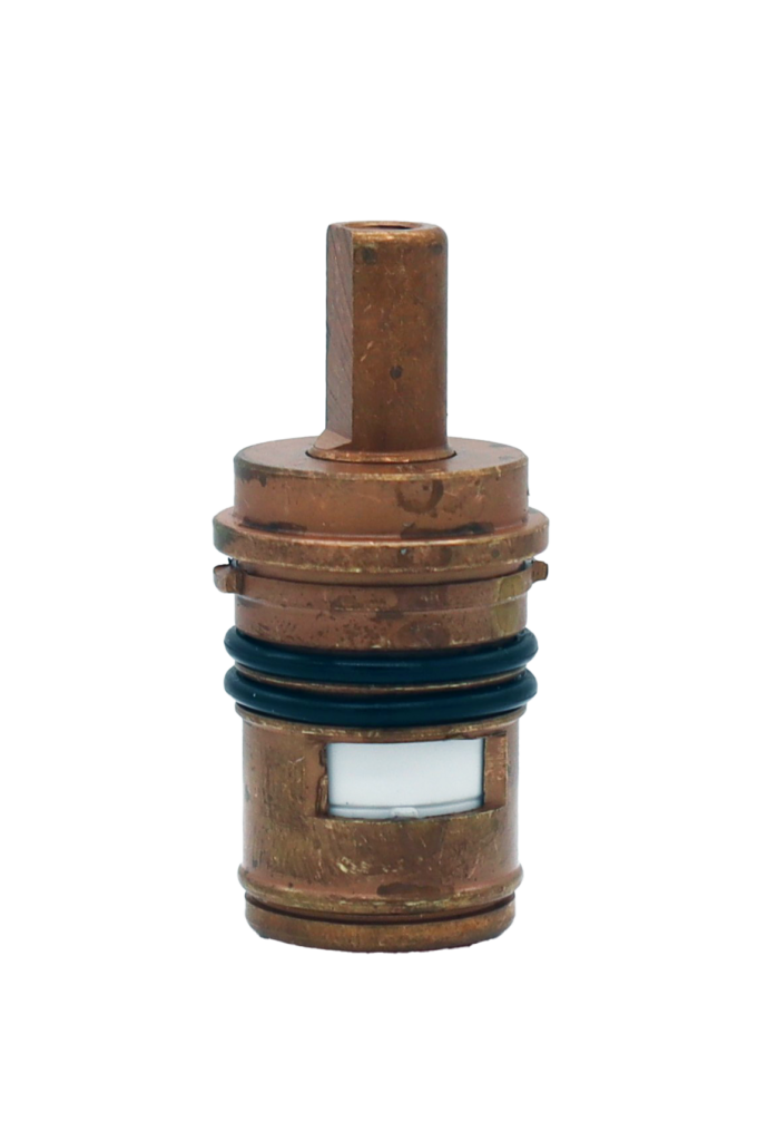 Dark brass cartridge with 2 black rubber o-rings white ceramic discs and bottom seal.