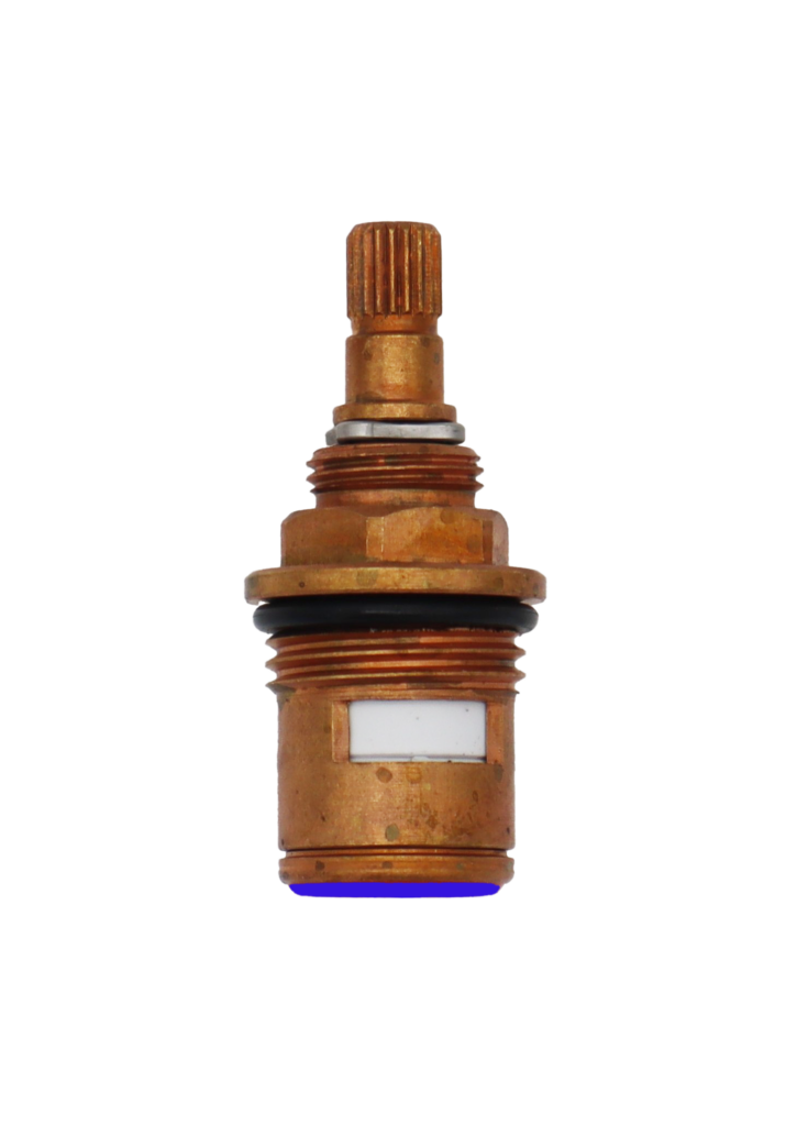Dark brass cartridge with metal clip white ceramic discs and red bottom seal.
