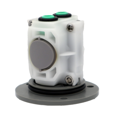 White & grey plastic cartridge with green and black seals.