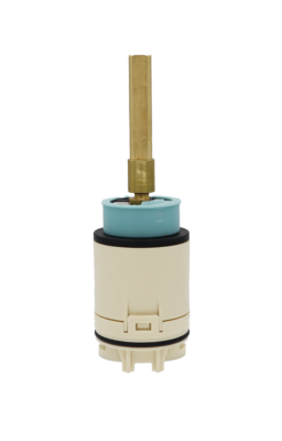 Tan plastic cartridge with light blue limit stop brass stem black ruber o-ring and blue seals.