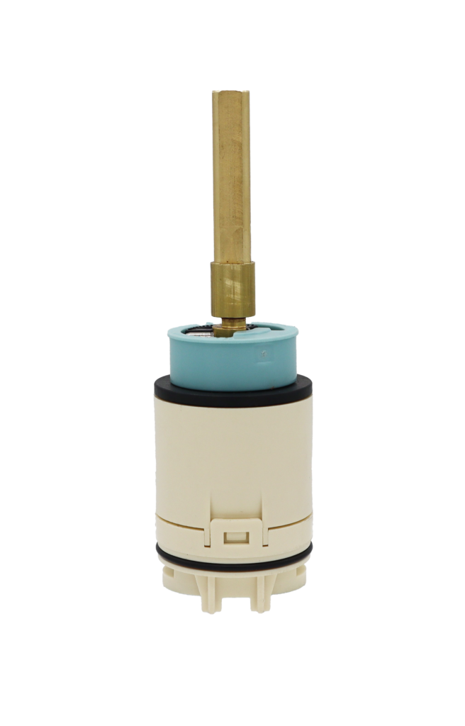 Tan plastic cartridge with light blue limit stop brass stem black ruber o-ring and blue seals.