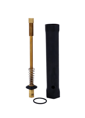 Black plastic removal tool with bright brass stem with stainless spring and black rubber o-ring.