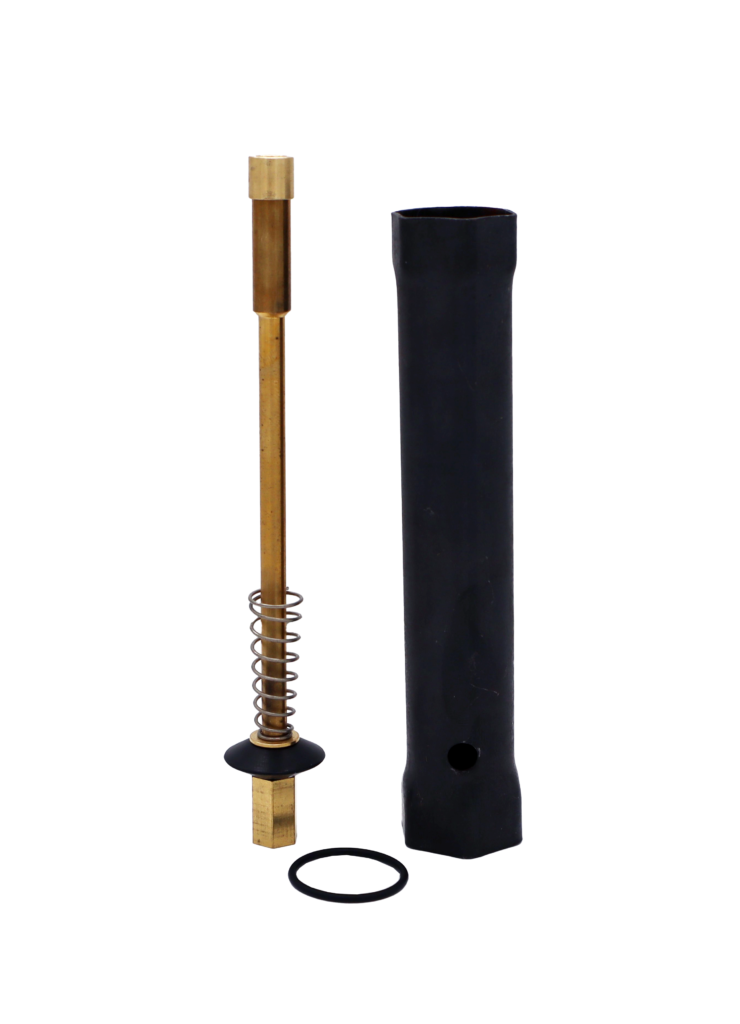 Black plastic removal tool with bright brass stem with stainless spring and black rubber o-ring.