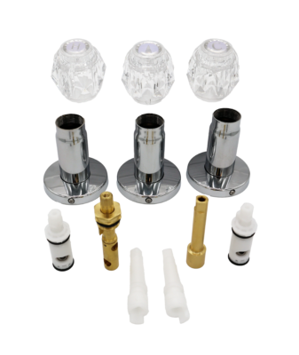 Polished chrome escutcheon trim with clear acrylic handles with plastic stems and handle extensions with brass diverter.