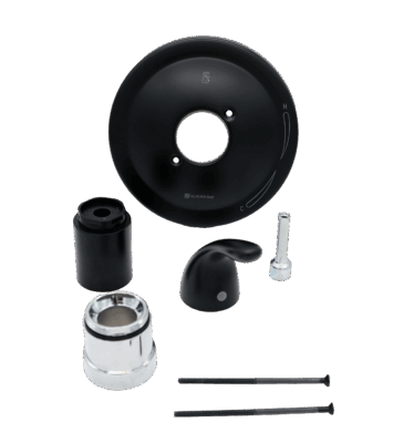 Matte black escutcheon handle and sleeve polished chrome nut and adapter and matte black screws.