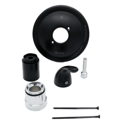 Matte black escutcheon handle and sleeve polished chrome nut and adapter and matte black screws.