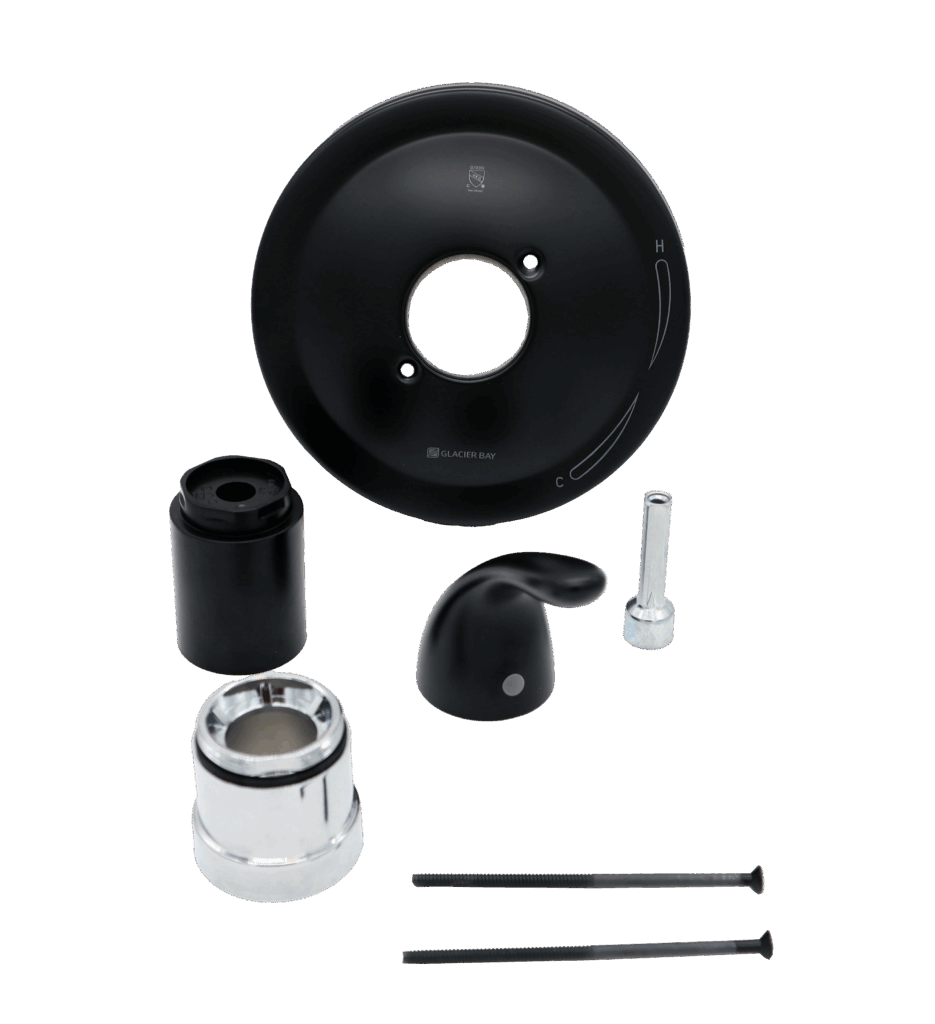 Matte black escutcheon handle and sleeve polished chrome nut and adapter and matte black screws.