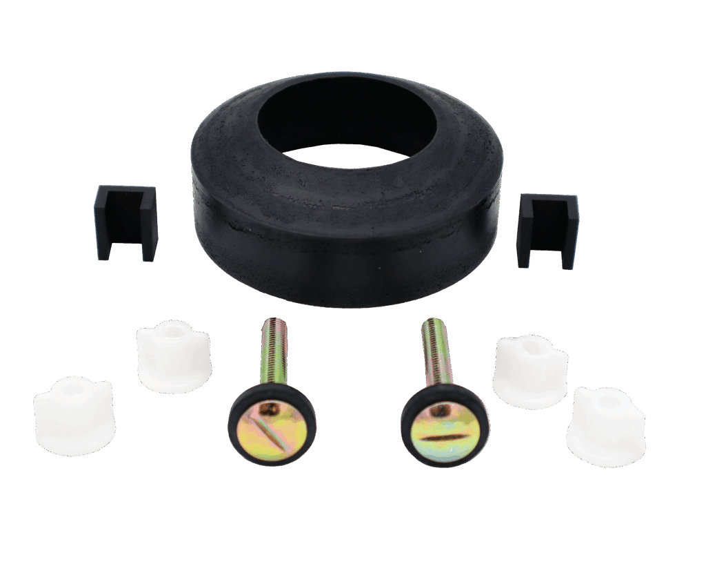 Black rubber gasket with brass bolts and plastic nuts.