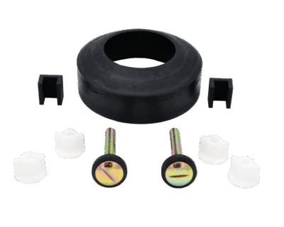Black rubber gasket with brass bolts and plastic nuts.