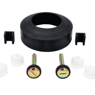 Black rubber gasket with brass bolts and plastic nuts.