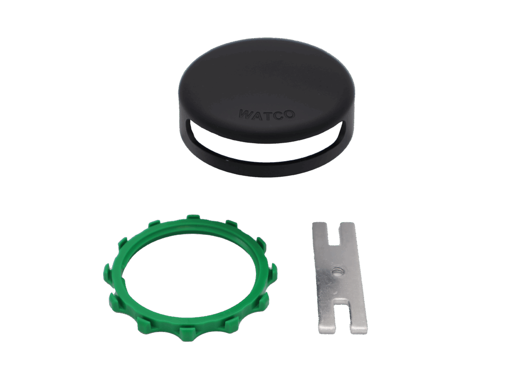 Black plastic cover with green clip and metal adapter plate.