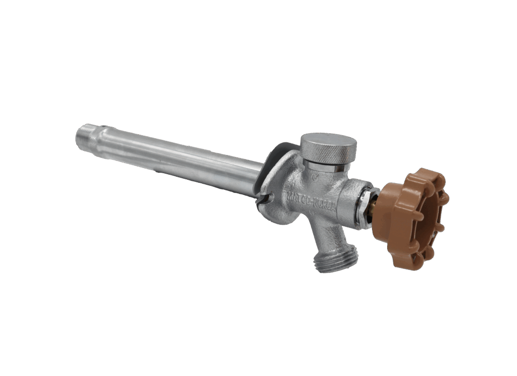 Polished chrome plated body with tan wheel handle.