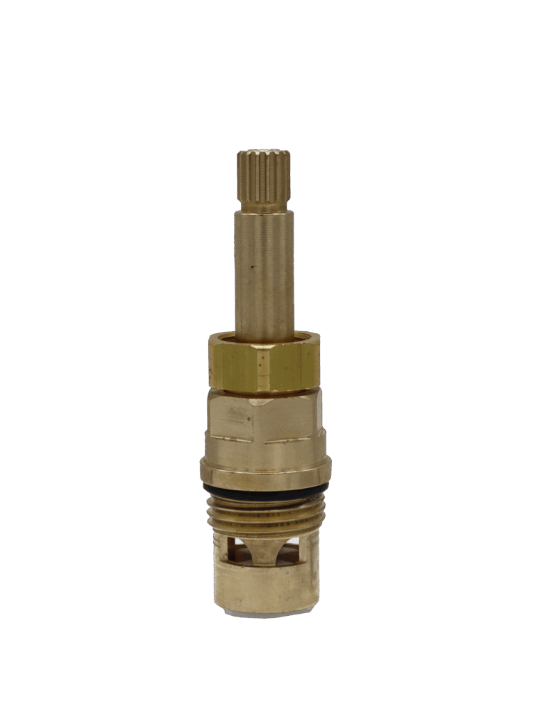 Bright brass cartridge with black rubber o-ring white ceramic discs and white rubber seal.