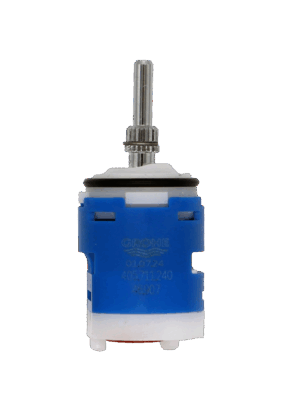 Blue and white plastic cartridge with black rubber o-ring polished chrome joysticj handle connection and red rubber seals.