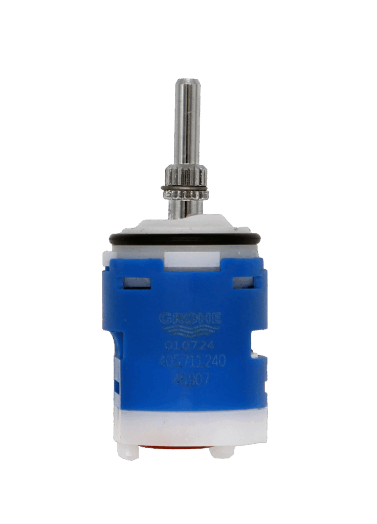 Blue and white plastic cartridge with black rubber o-ring polished chrome joysticj handle connection and red rubber seals.