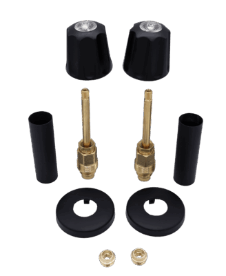 Matte black handles and escutcheons brass stems and faucet seats.