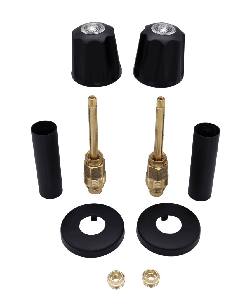 Matte black handles and escutcheons brass stems and faucet seats.
