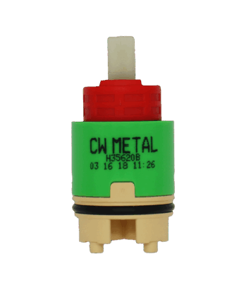 Lime green plastic cartridge with red limit stop white square handle connection black rubber o-ring tan bottom with black rubber seals.