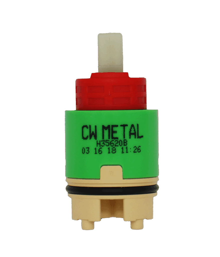Lime green plastic cartridge with red limit stop white square handle connection black rubber o-ring tan bottom with black rubber seals.
