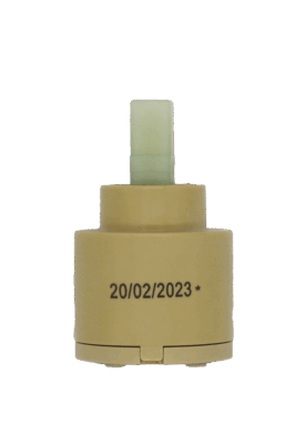 Tan plastic cartridge with white plastic handle connection and blue bottom seal.