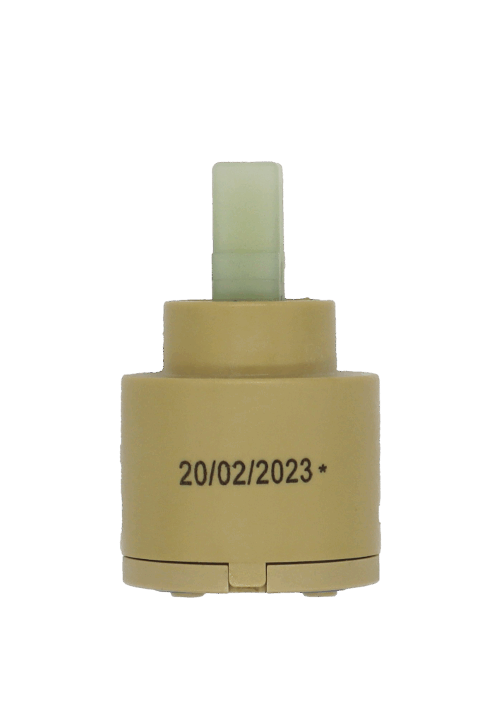 Tan plastic cartridge with white plastic handle connection and blue bottom seal.