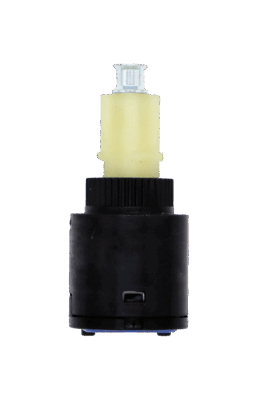 Black plastic cartridge with white square handle connection aluminum screw with blue rubber seal.