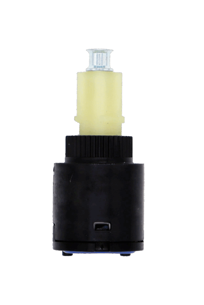 Black plastic cartridge with white square handle connection aluminum screw with blue rubber seal.