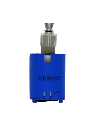 Bright blue cartridge with stainless stem and handle connection.