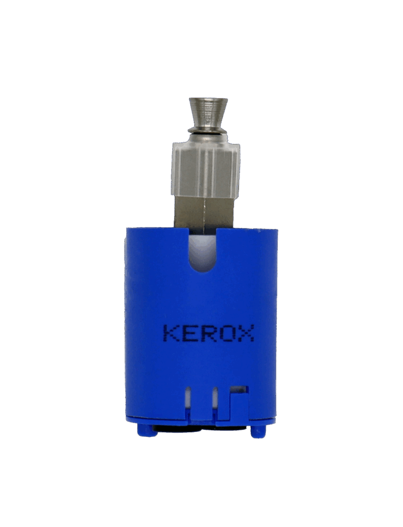 Bright blue cartridge with stainless stem and handle connection.