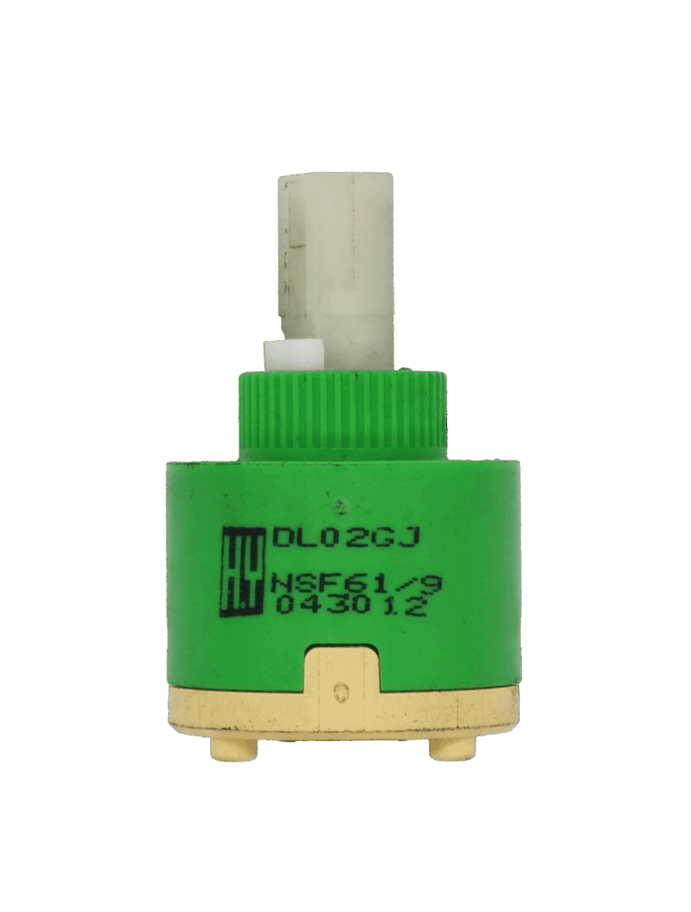 Lime Green and tan cartridge with white square handle connection with black rubber bottom seal.