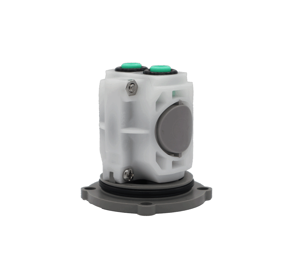 White plastic cartridge with grey plastic bottom woth green seats and black orings.