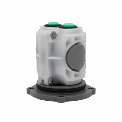 White plastic cartridge with grey plastic bottom woth green seats and black orings.