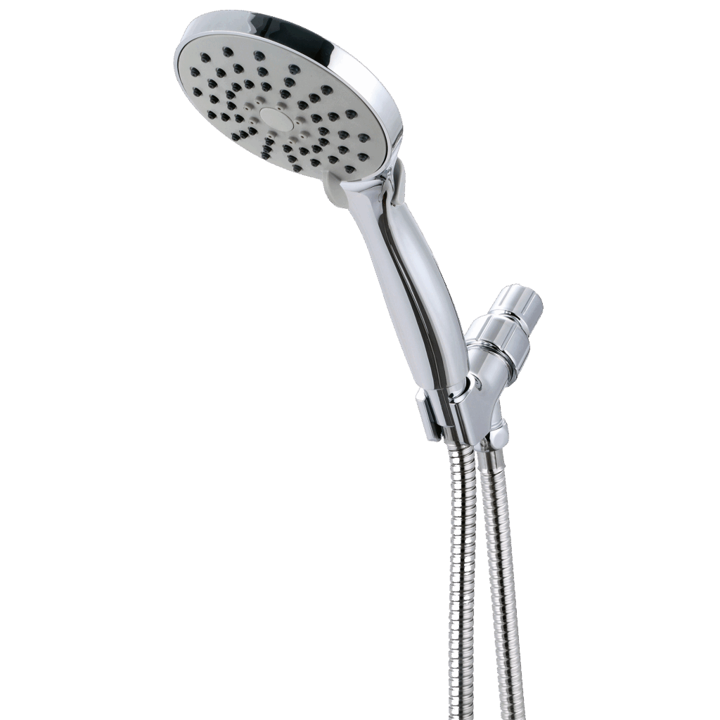 Polished chrome spray head with stainless hose and polished chrome hanger.