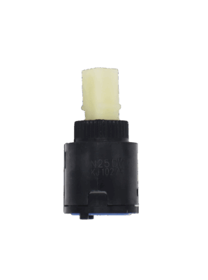 Black plastic cartridge with white plastic handle connection and blue rubber seal.